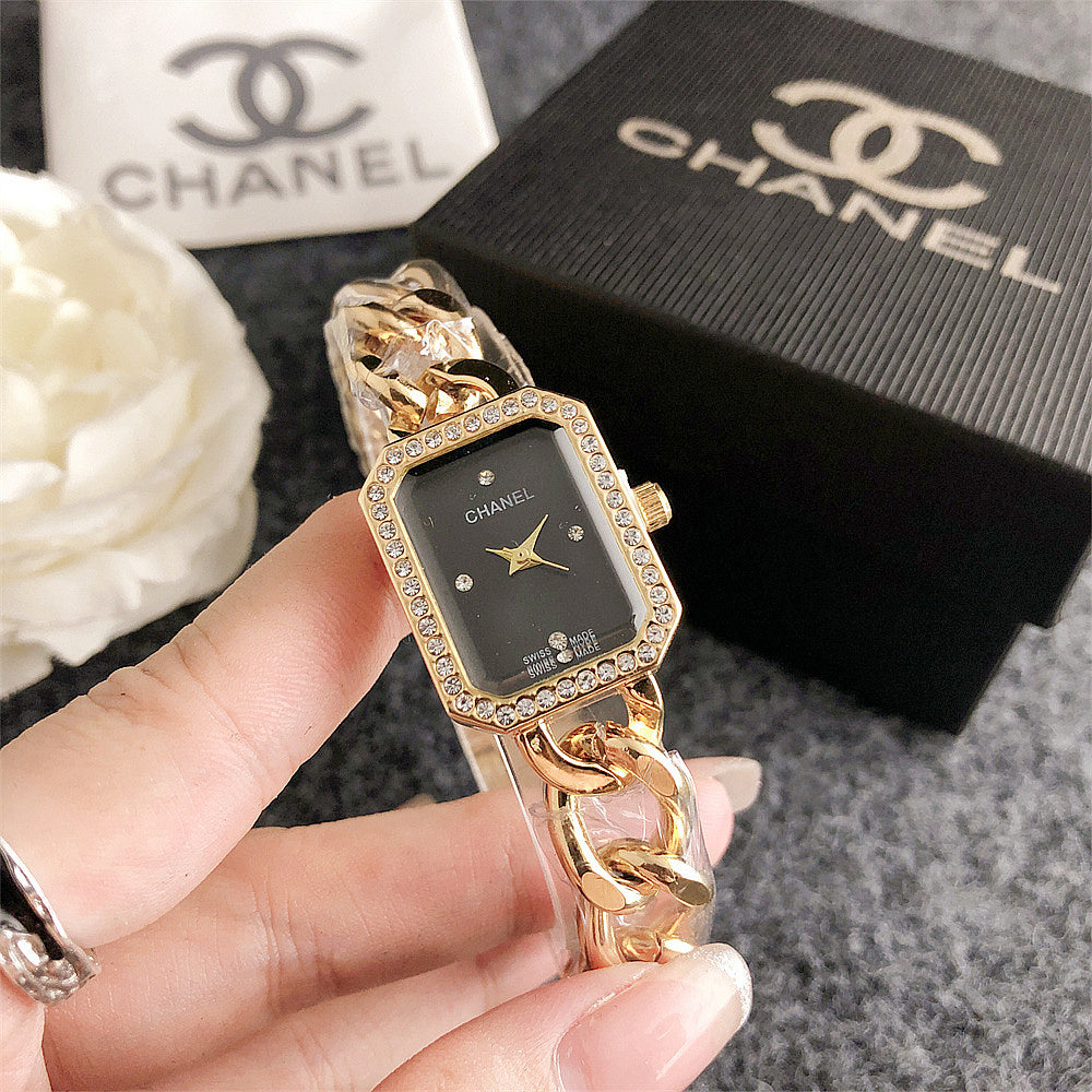 Women's Rectangular Crystal Bezel Chain Watch