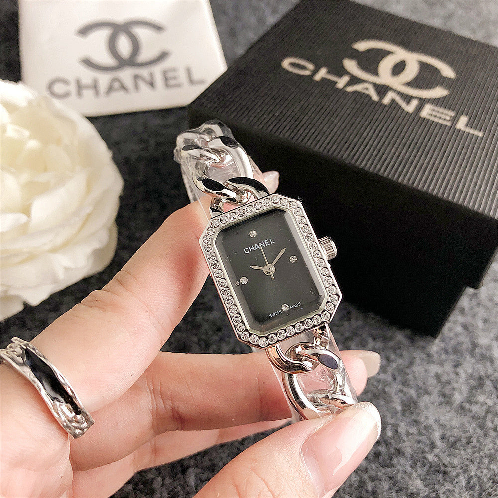 Women's Rectangular Crystal Bezel Chain Watch