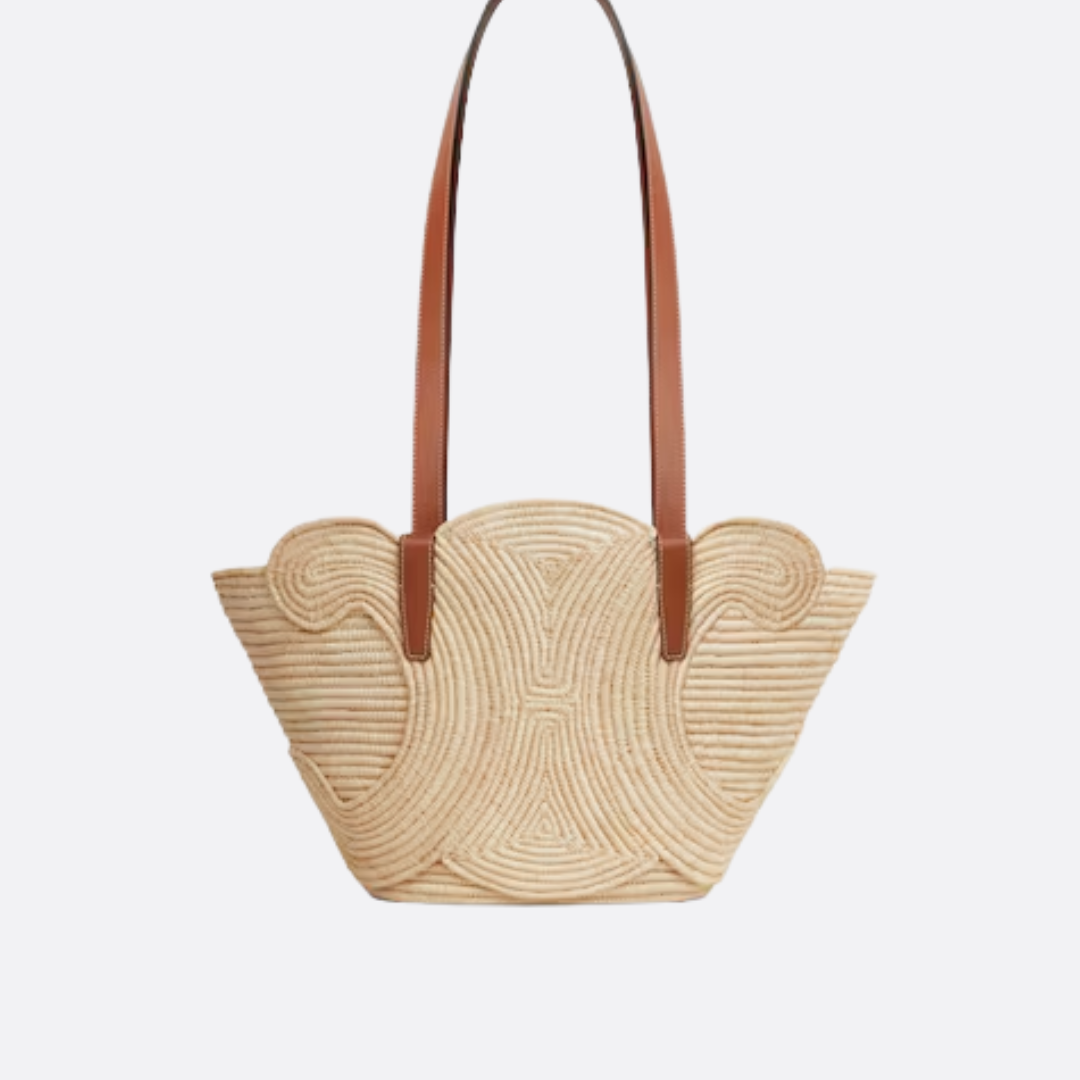 Women's Small Woven Raffia Tote with Leather Trim