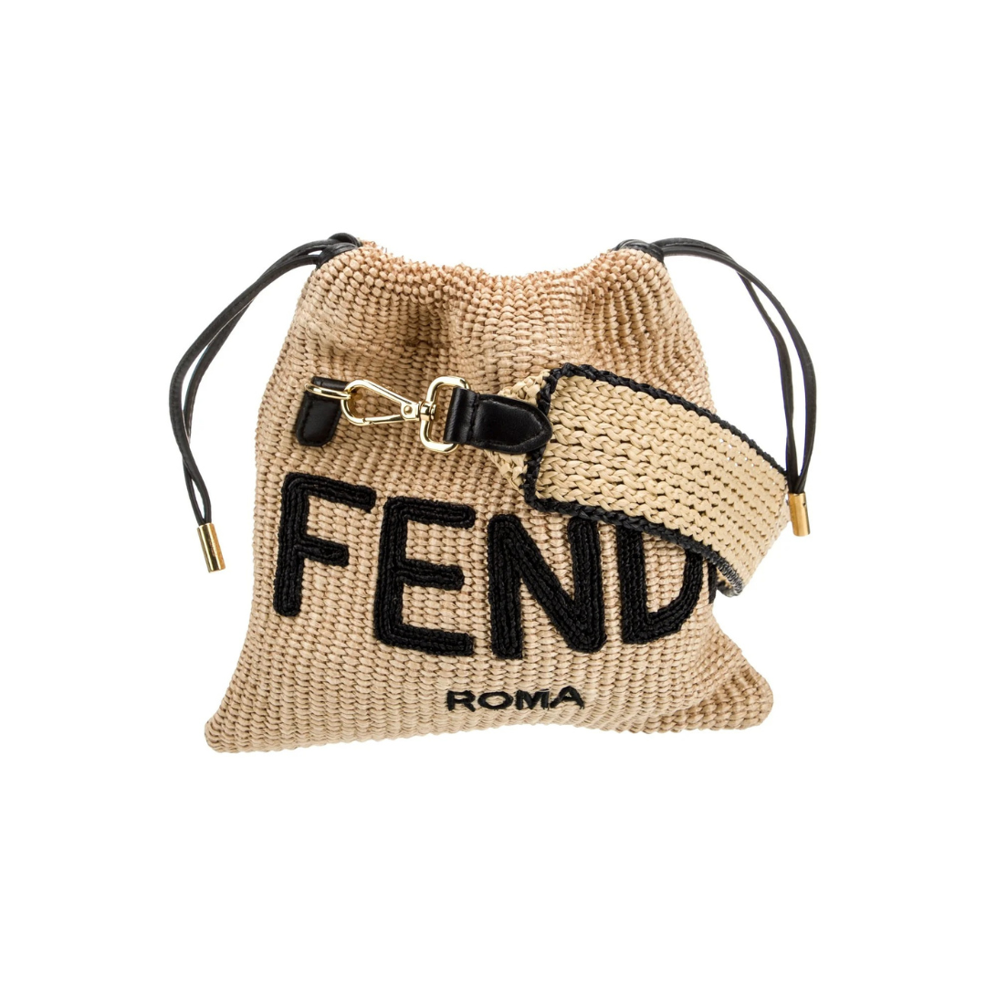 Women's Small Woven Raffia Drawstring Bucket Bag