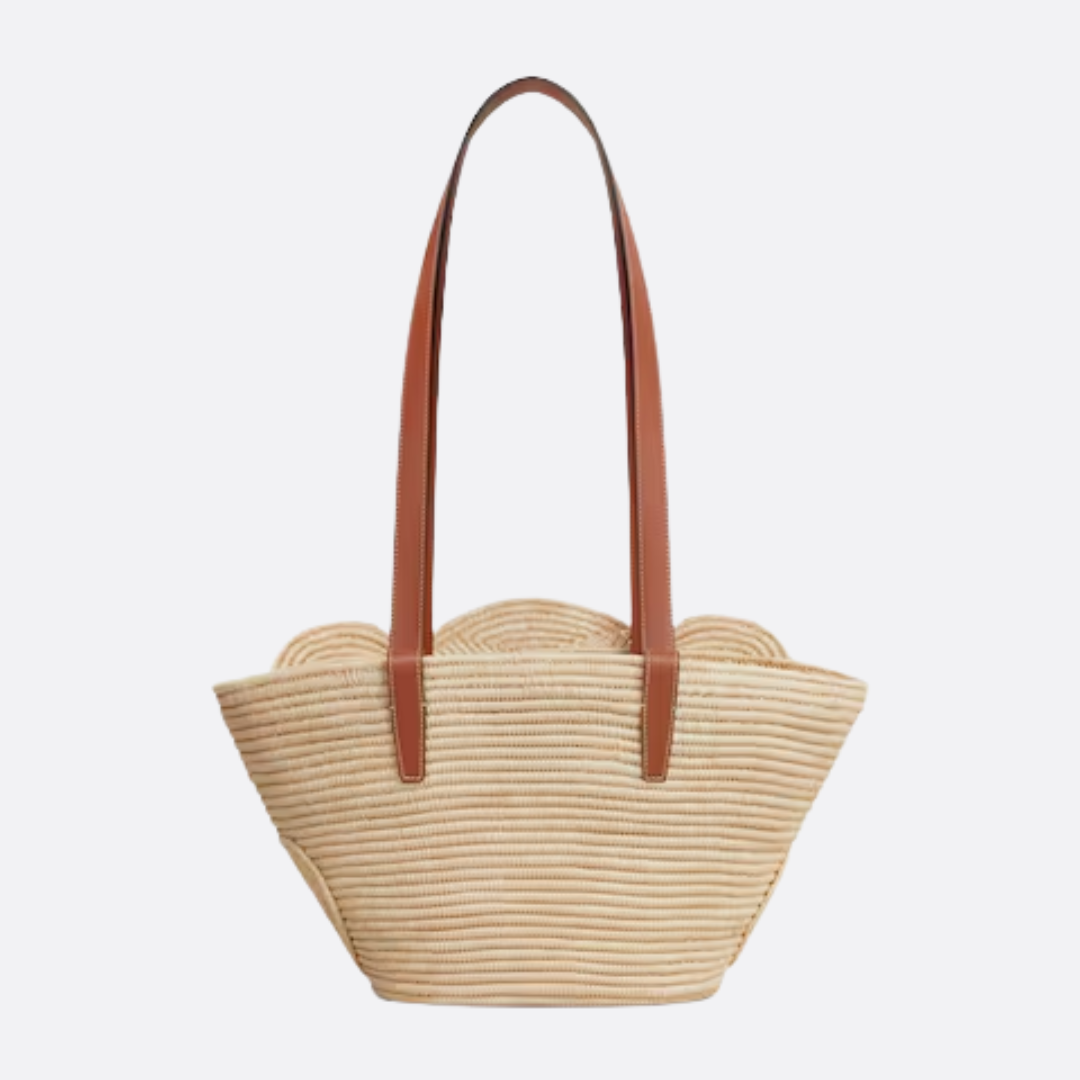 Women's Small Woven Raffia Tote with Leather Trim