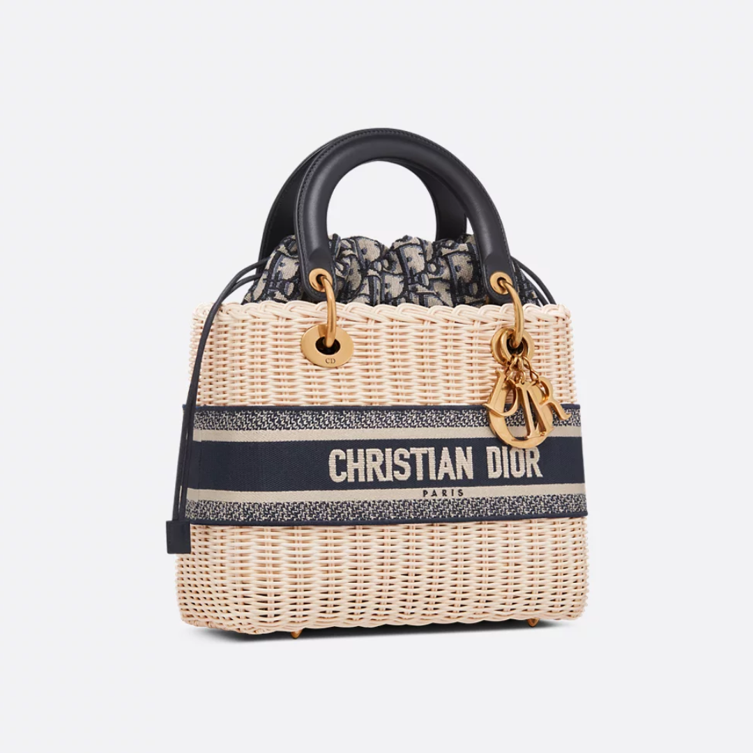 Women's Wicker Basket Bag with Striped Ribbon Trim