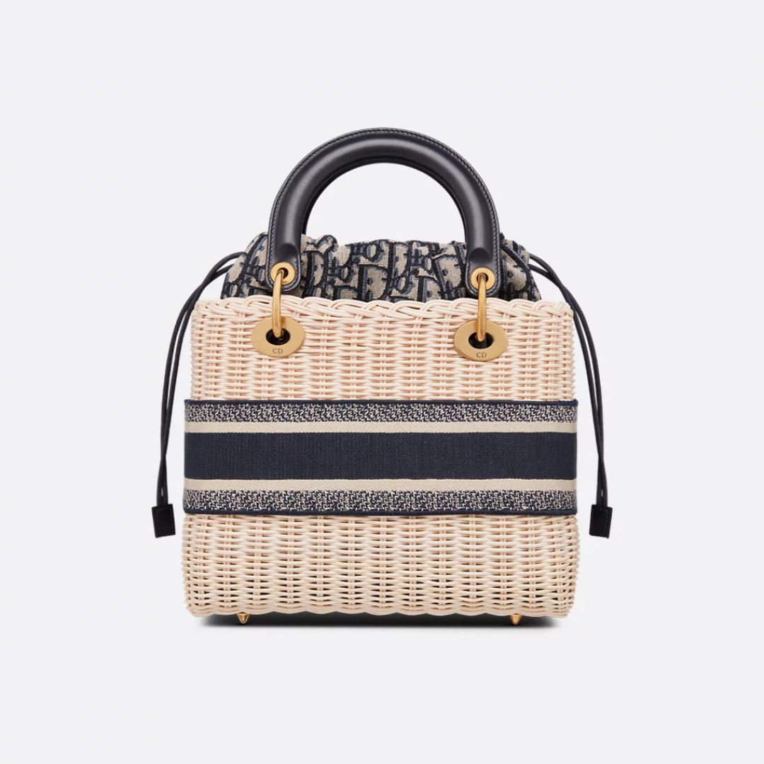 Women's Wicker Basket Bag with Striped Ribbon Trim