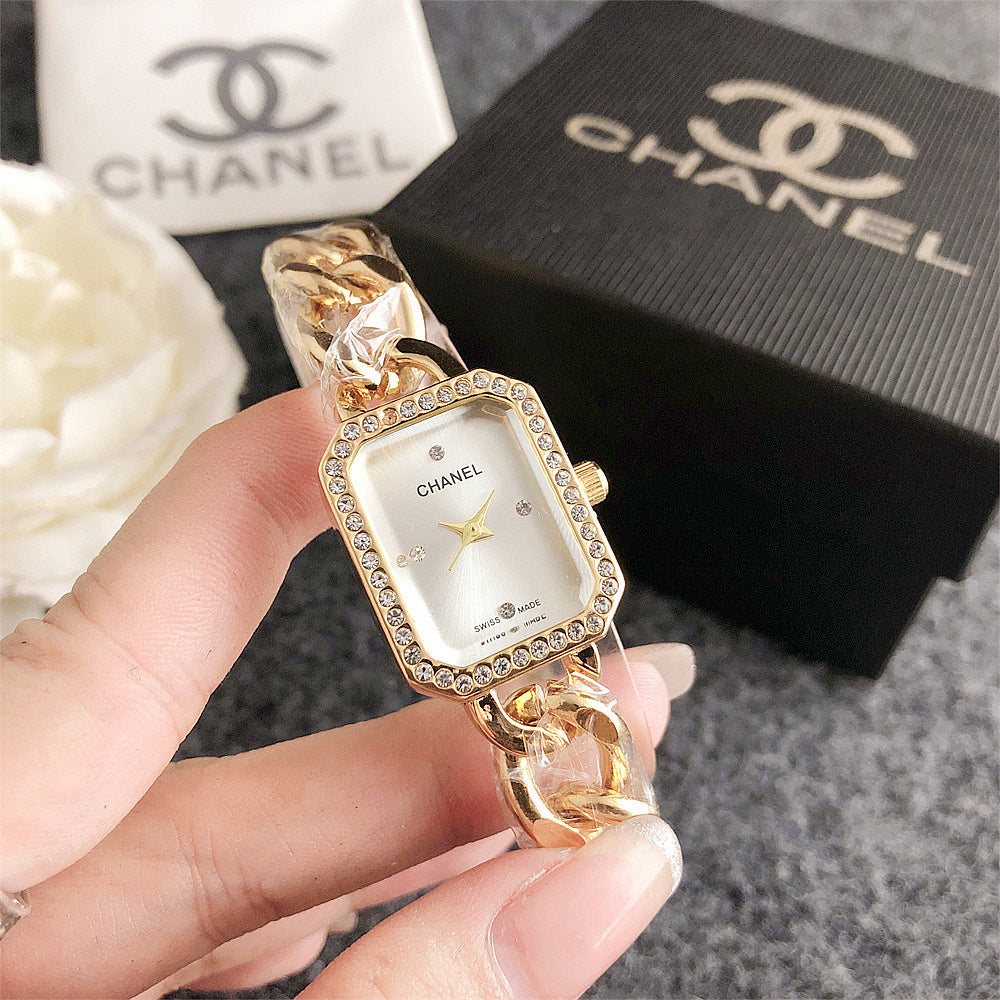 Women's Rectangular Crystal Bezel Chain Watch