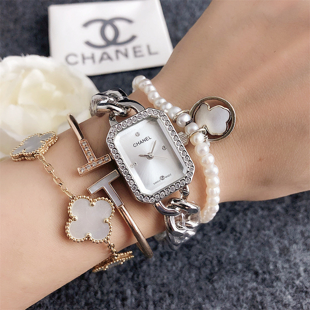 Women's Rectangular Crystal Bezel Chain Watch