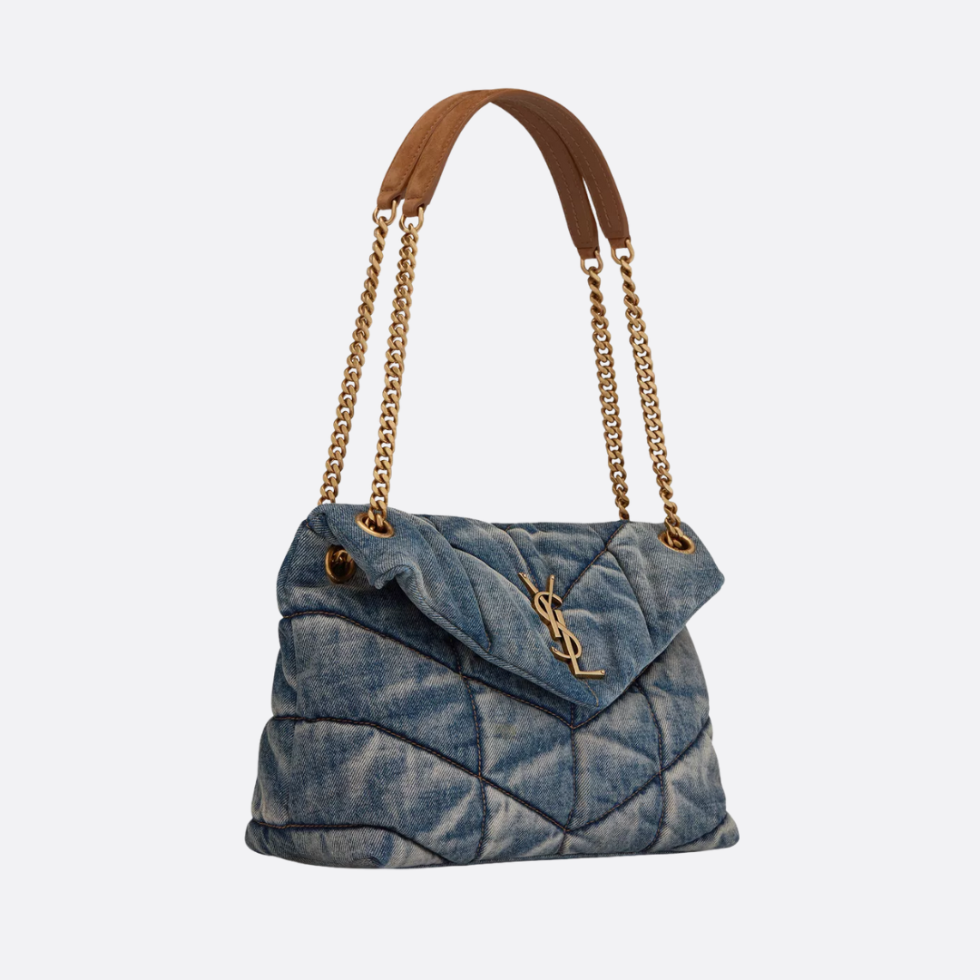Quiltet puffer-crossbody-taske i denim til kvinder