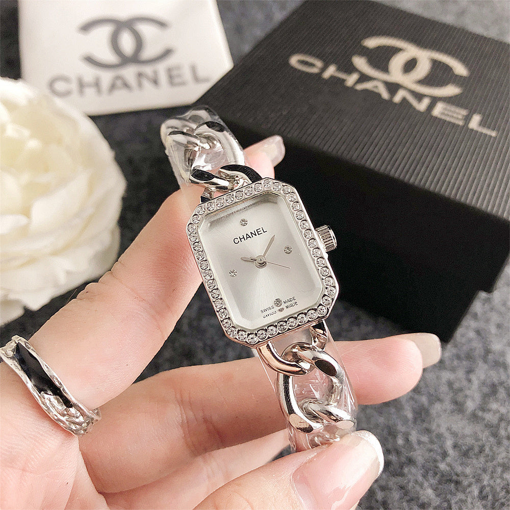 Women's Rectangular Crystal Bezel Chain Watch