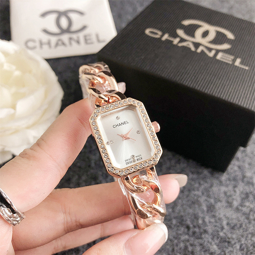 Women's Rectangular Crystal Bezel Chain Watch