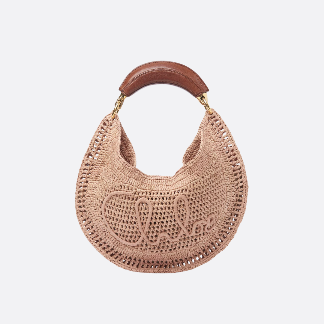 Women's Crochet Woven Crescent Bag with Wood Handle