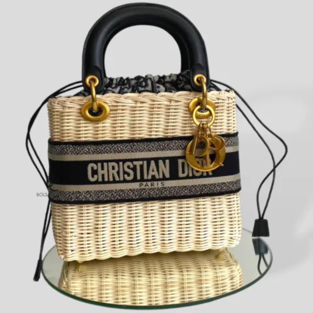 Women's Wicker Basket Bag with Striped Ribbon Trim