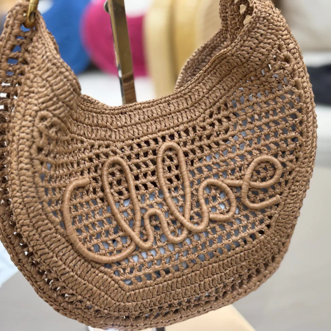 Women's Crochet Woven Crescent Bag with Wood Handle