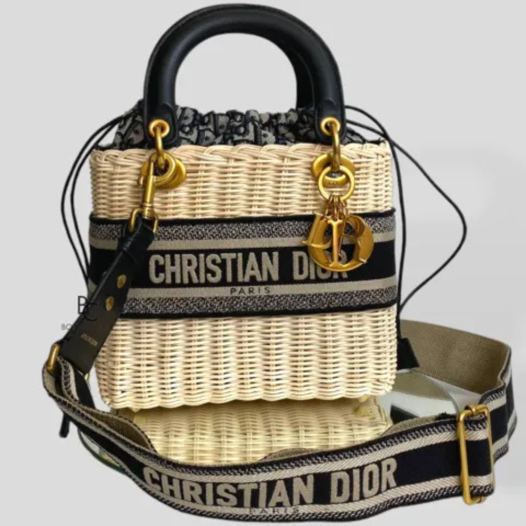 Women's Wicker Basket Bag with Striped Ribbon Trim