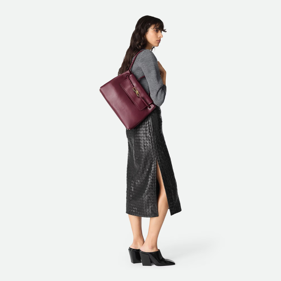 Women's Burgundy Leather Knot-Closure Top Handle Bag