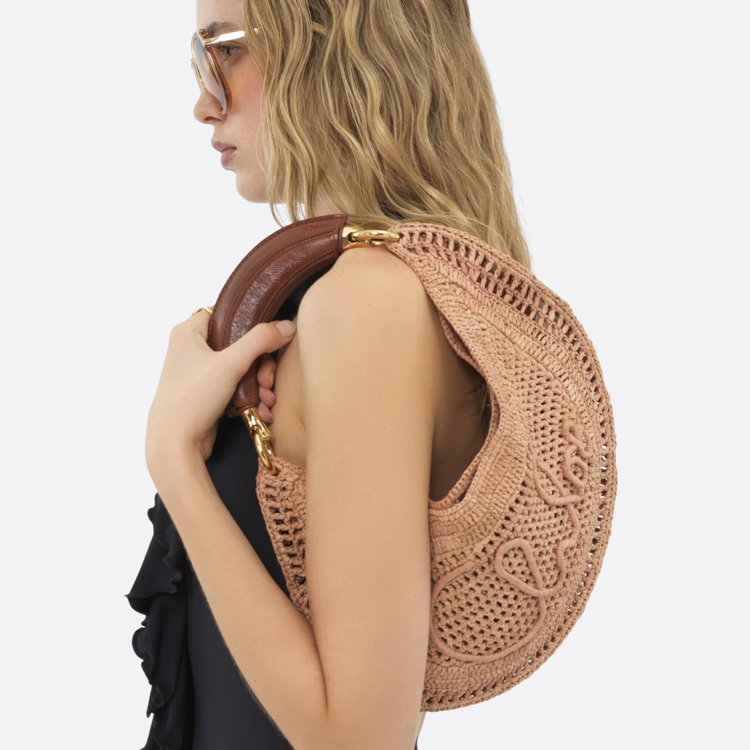 Women's Crochet Woven Crescent Bag with Wood Handle