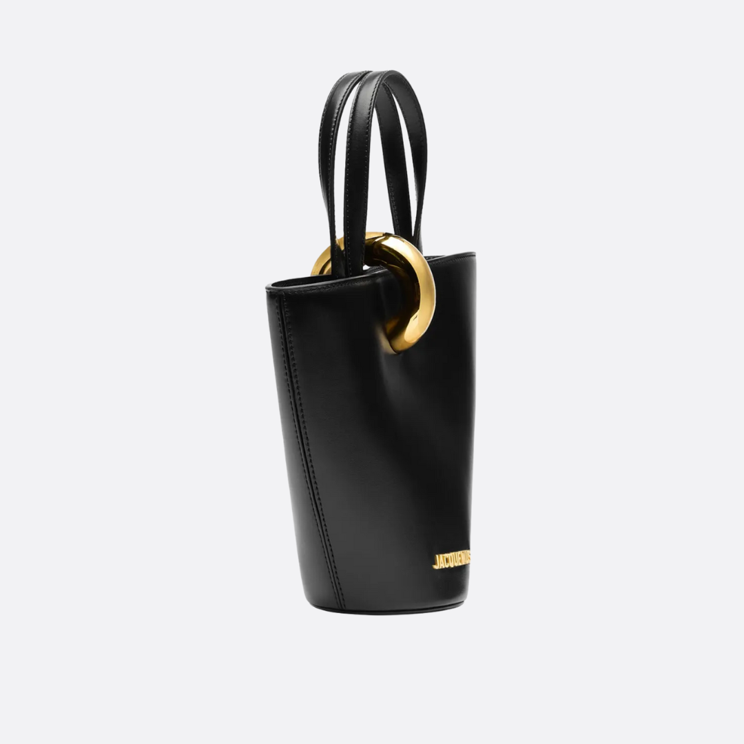 Women's Small Glossy Leather Bucket Bag with Gold-Tone Hardware