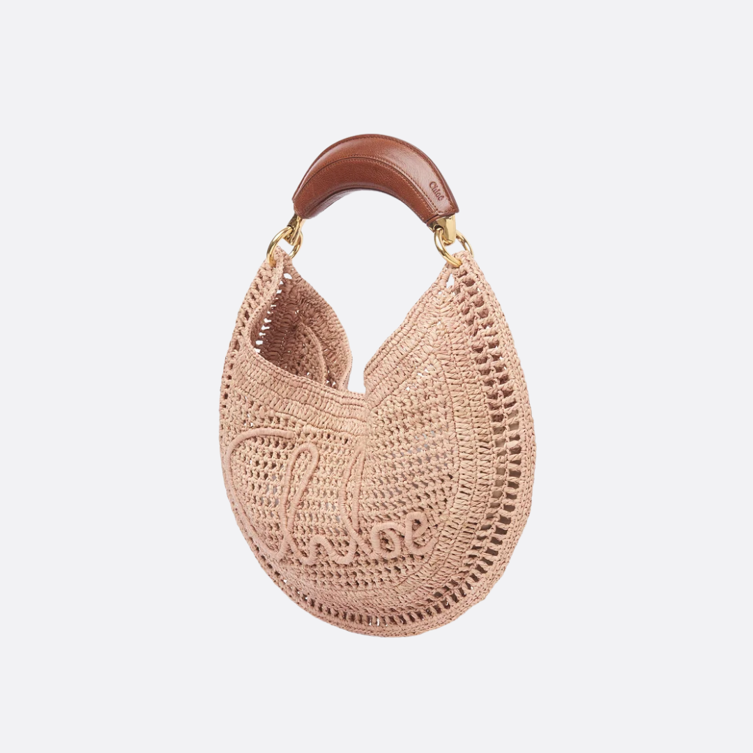 Women's Crochet Woven Crescent Bag with Wood Handle