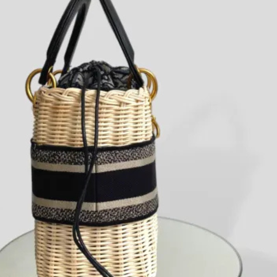 Women's Wicker Basket Bag with Striped Ribbon Trim