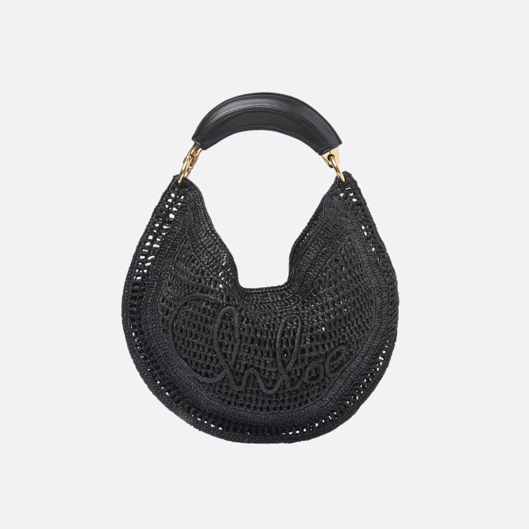Women's Crochet Woven Crescent Bag with Wood Handle