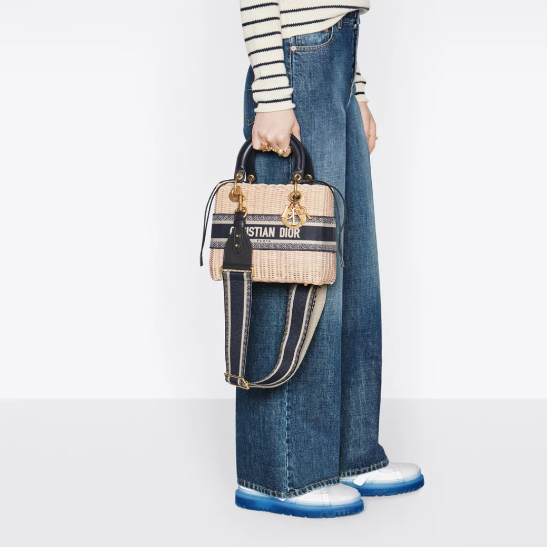 Women's Wicker Basket Bag with Striped Ribbon Trim