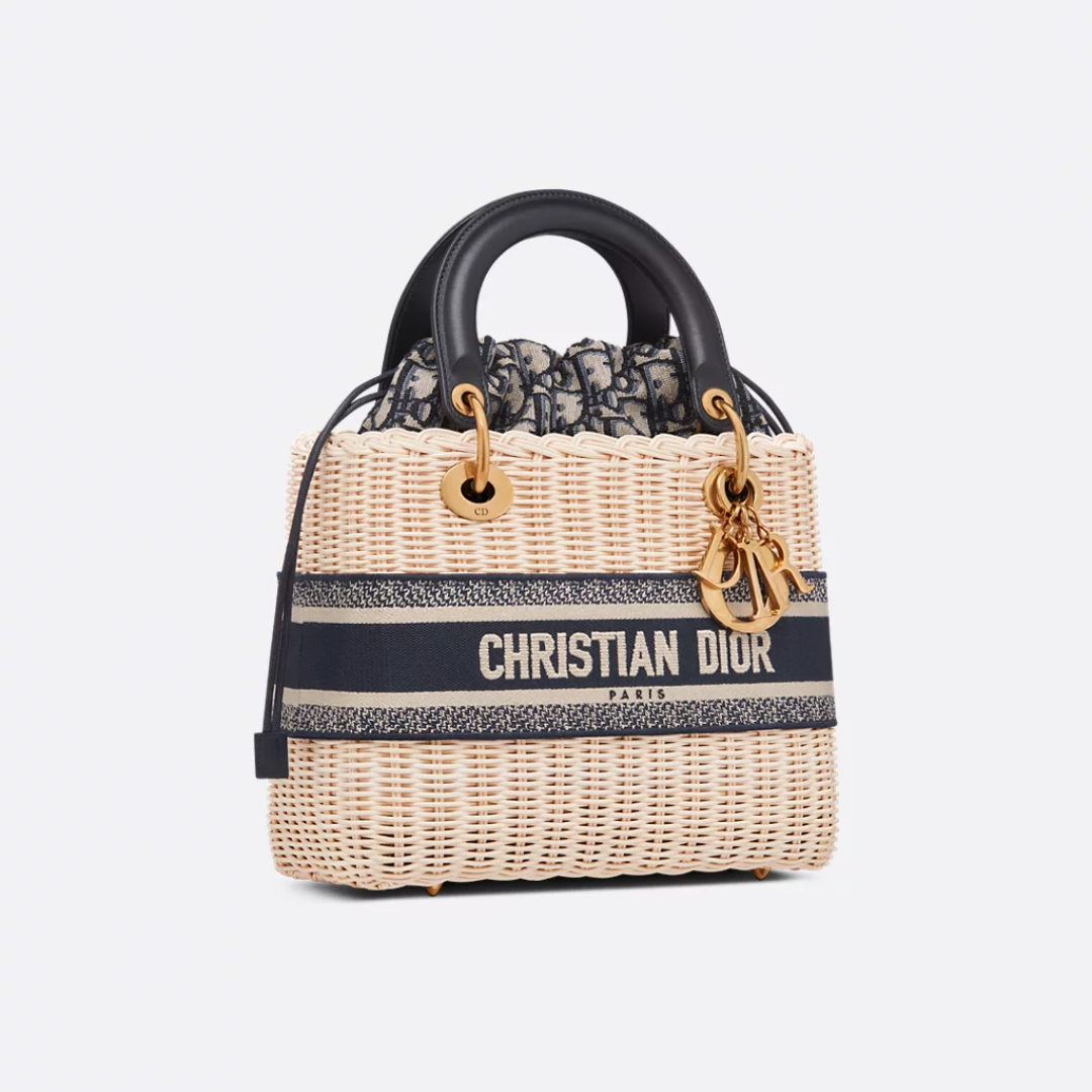 Women's Wicker Basket Bag with Striped Ribbon Trim