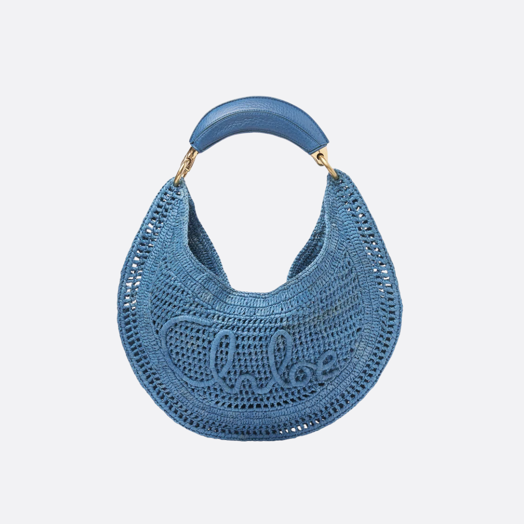 Women's Crochet Woven Crescent Bag with Wood Handle