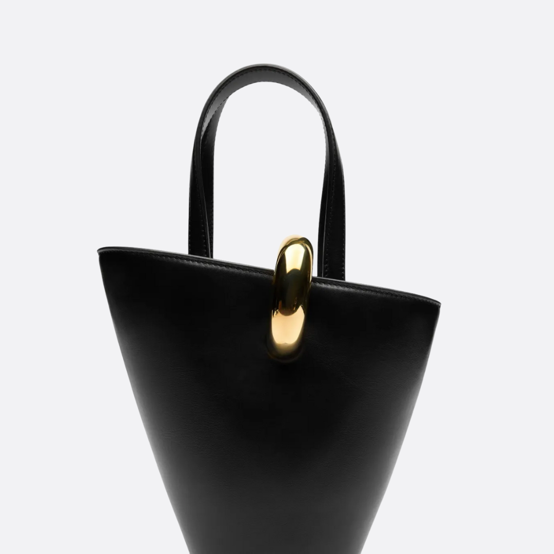 Women's Small Glossy Leather Bucket Bag with Gold-Tone Hardware