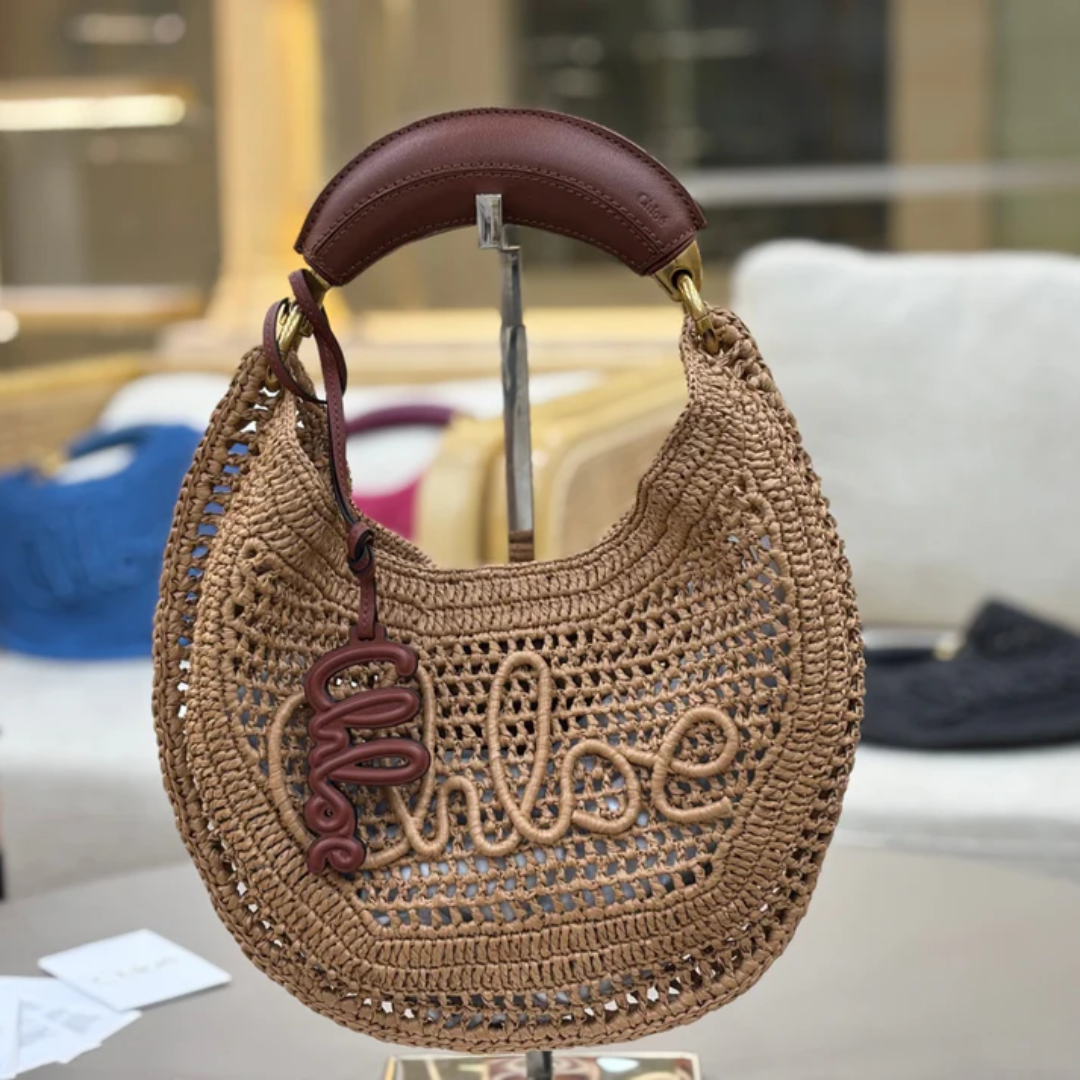 Women's Crochet Woven Crescent Bag with Wood Handle