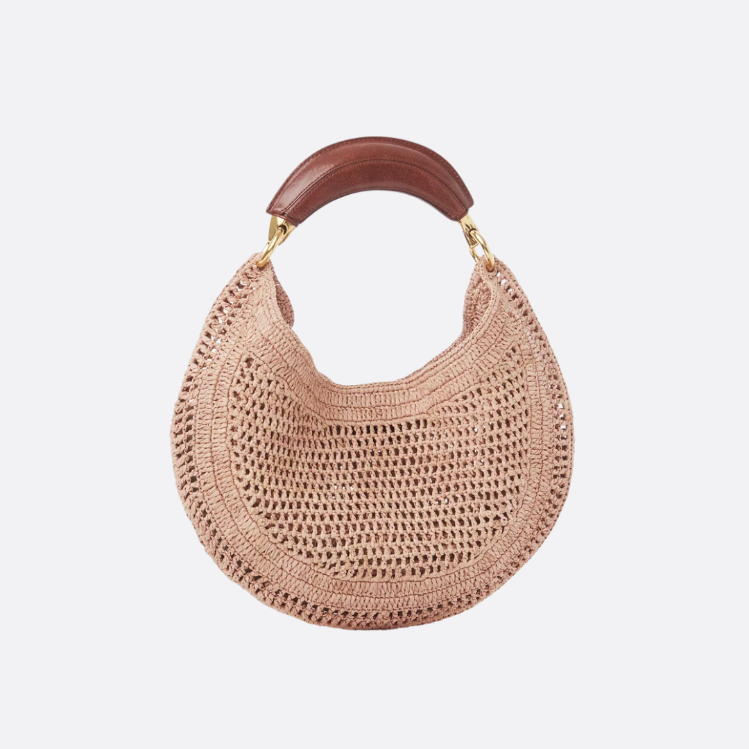 Women's Crochet Woven Crescent Bag with Wood Handle