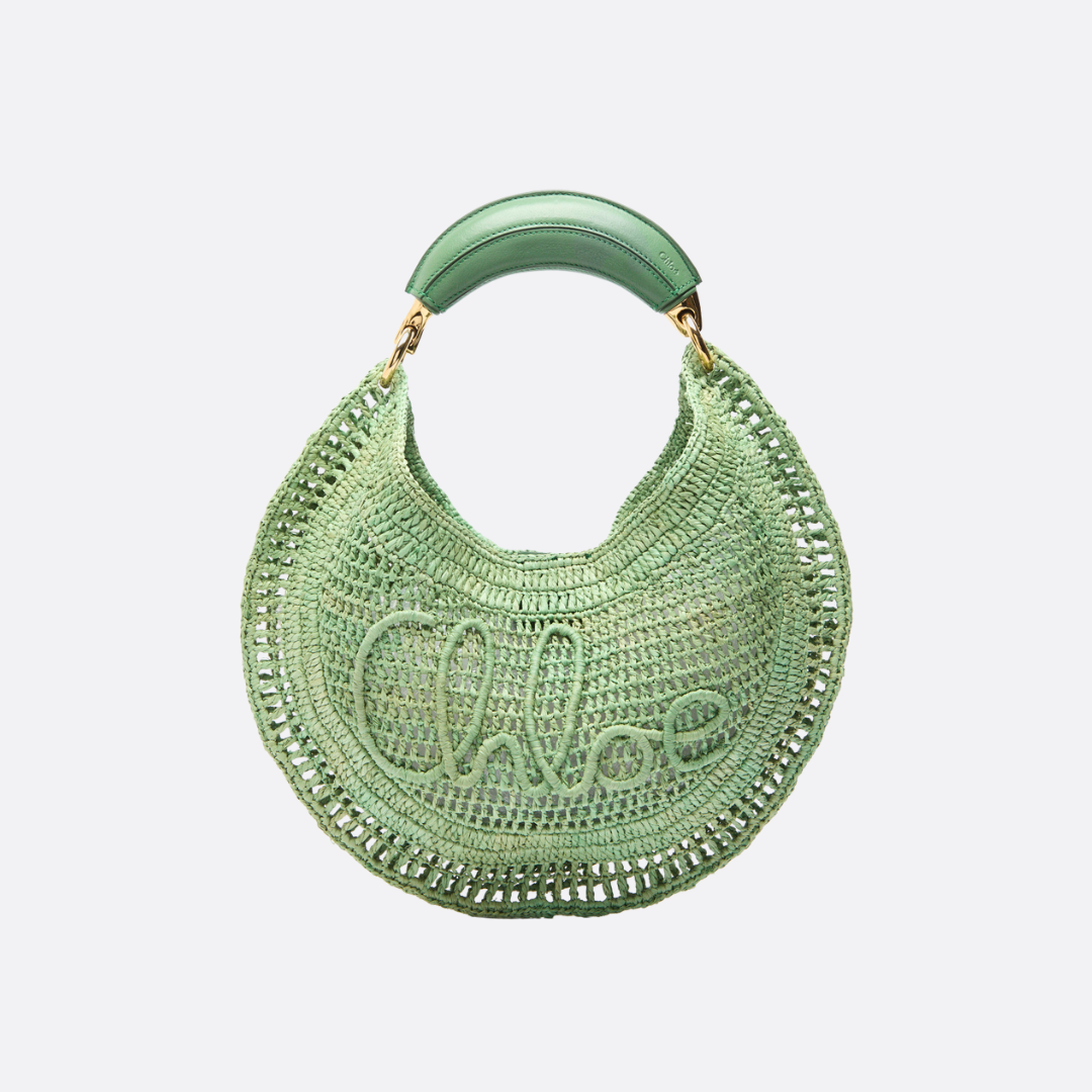 Women's Crochet Woven Crescent Bag with Wood Handle