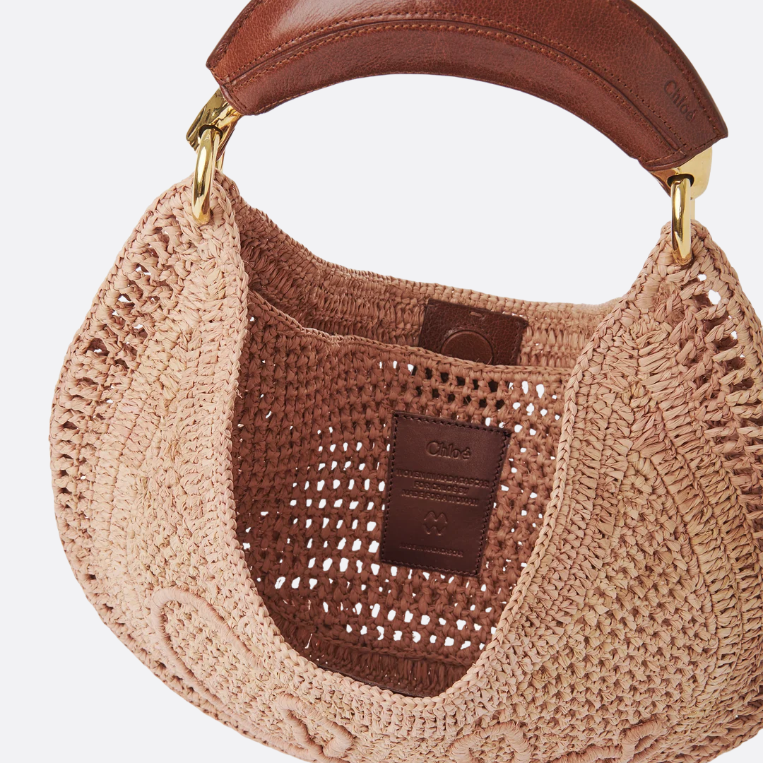 Women's Crochet Woven Crescent Bag with Wood Handle