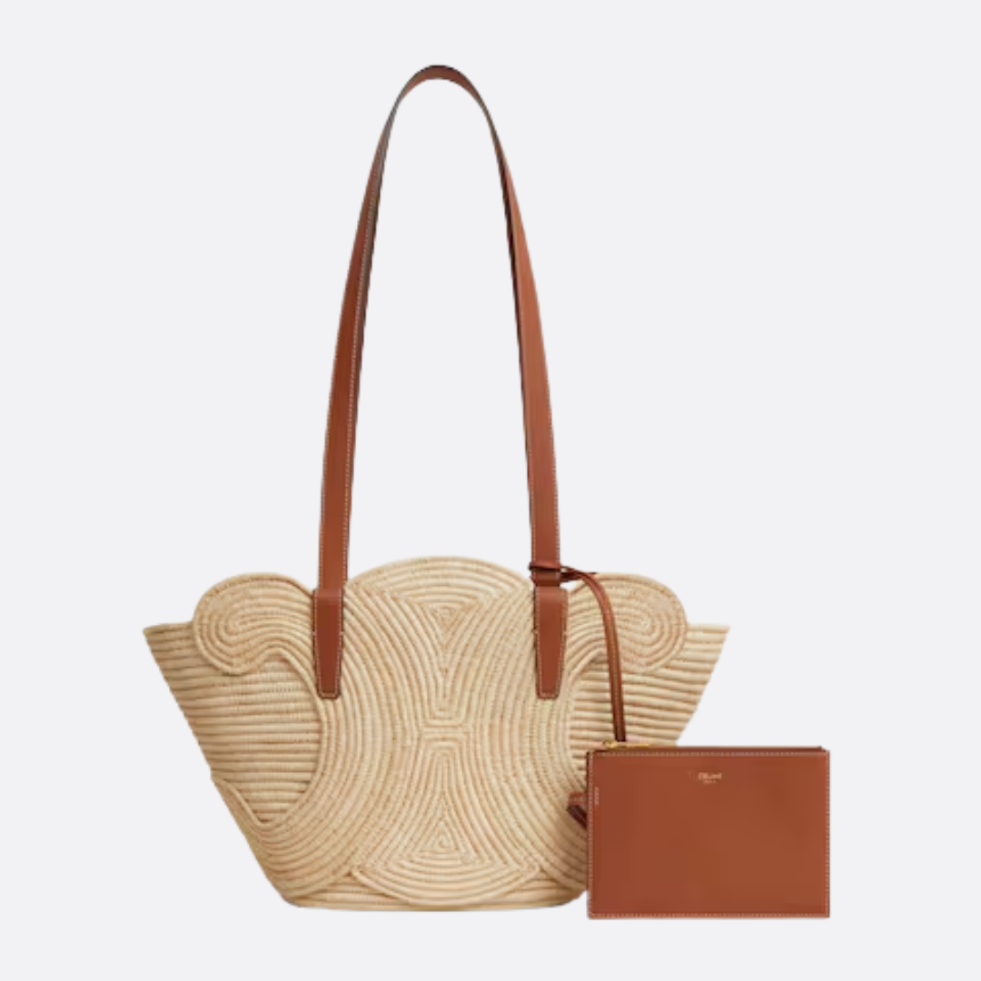 Women's Small Woven Raffia Tote with Leather Trim