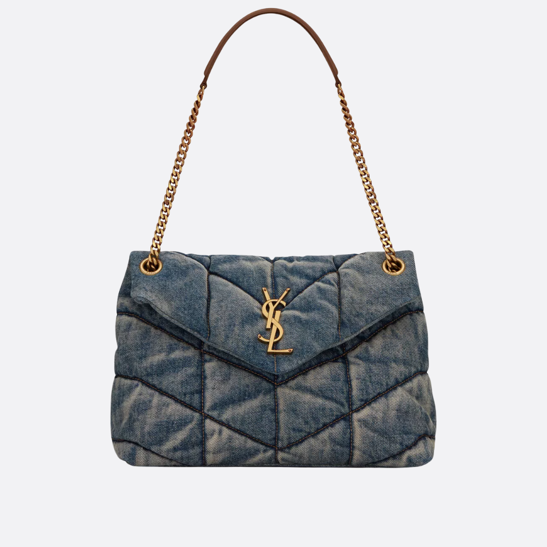 Quiltet puffer-crossbody-taske i denim til kvinder