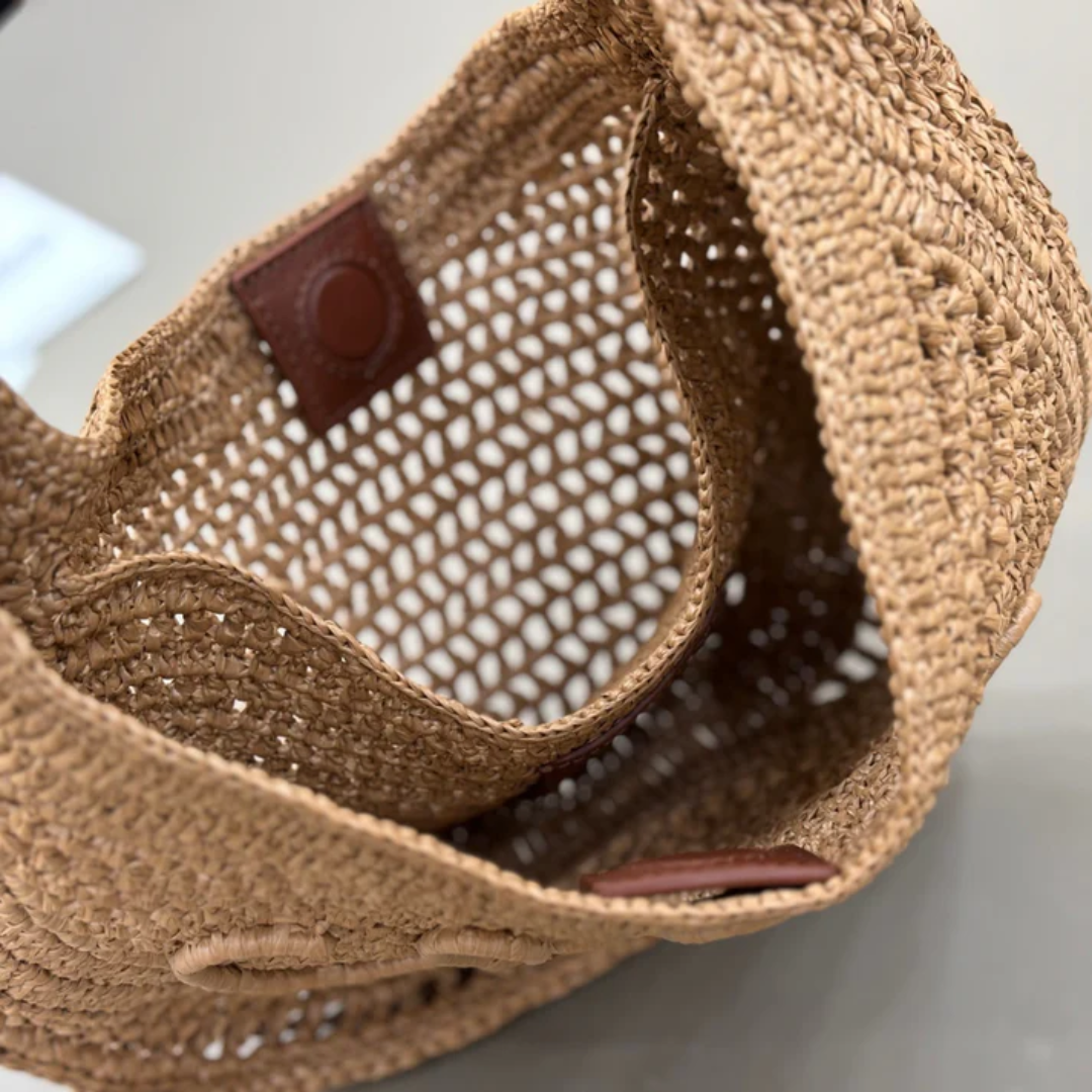 Women's Crochet Woven Crescent Bag with Wood Handle