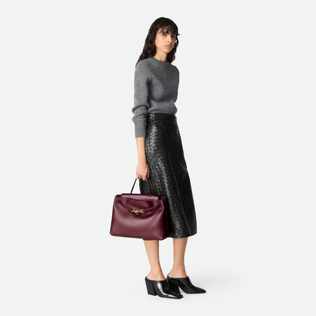 Women's Burgundy Leather Knot-Closure Top Handle Bag