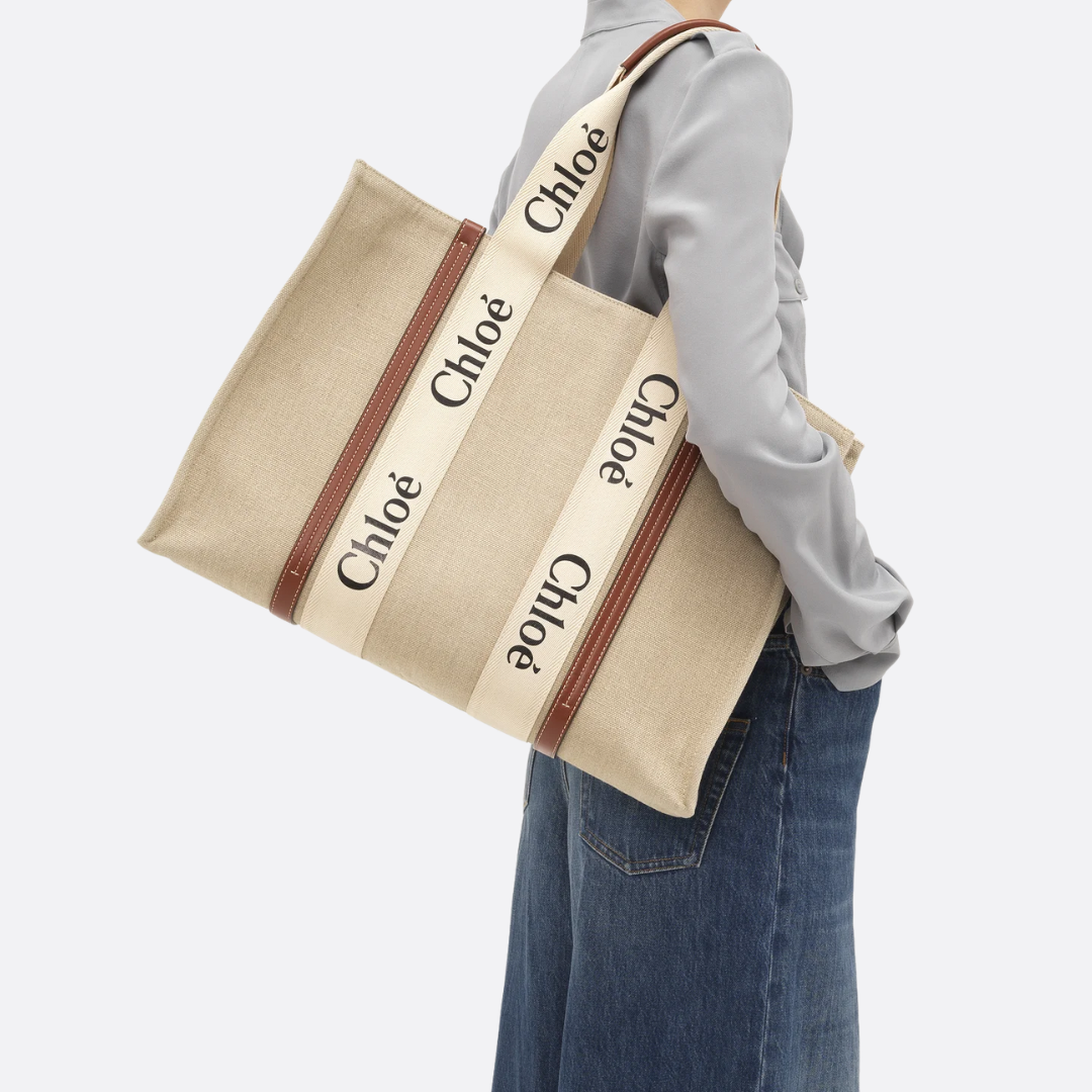 Women's Linen Canvas Beach Tote with Leather Trim