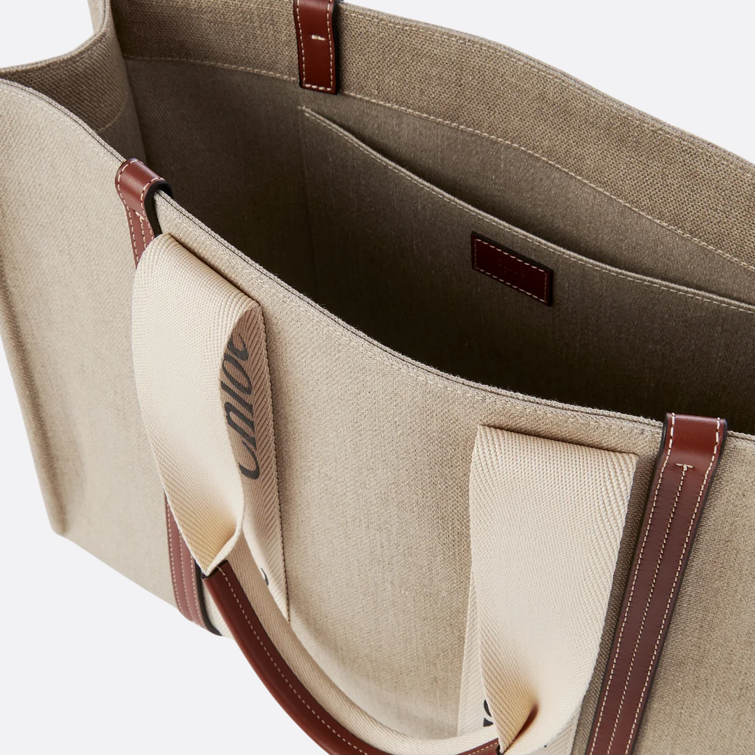 Women's Linen Canvas Beach Tote with Leather Trim