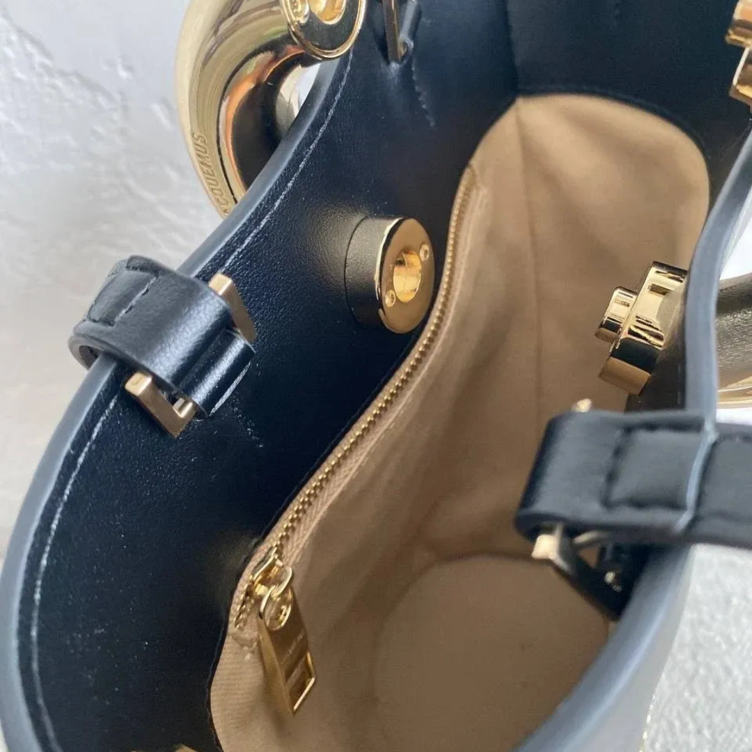 Women's Small Glossy Leather Bucket Bag with Gold-Tone Hardware