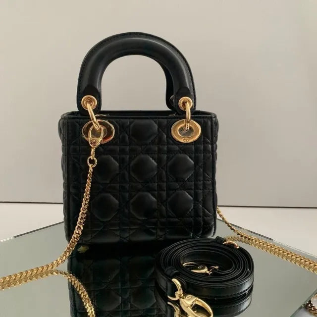 Women's Mini Quilted Leather Top Handle Bag - Black