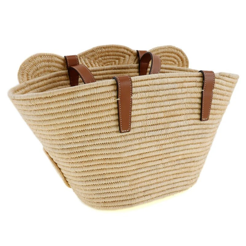 Women's Small Woven Raffia Tote with Leather Trim