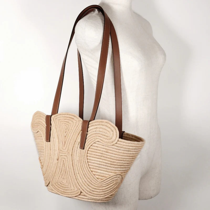 Women's Small Woven Raffia Tote with Leather Trim