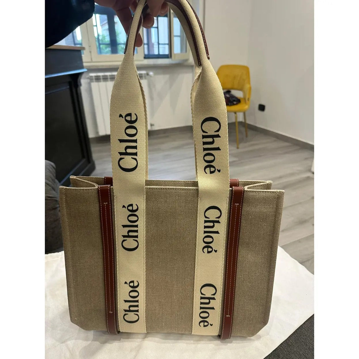 Women's Linen Canvas Beach Tote with Leather Trim